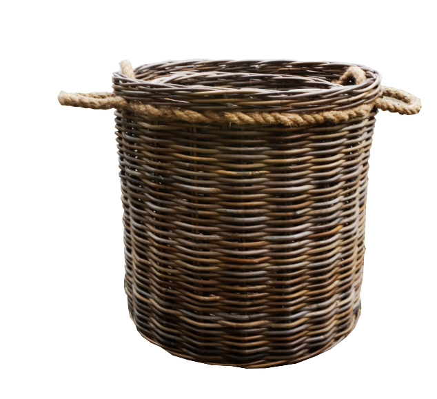 Grey Round Cane Log Basket W Rope Set