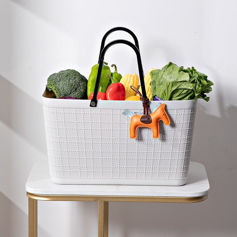 Linen Patterns White Shopping Basket With Handles - L