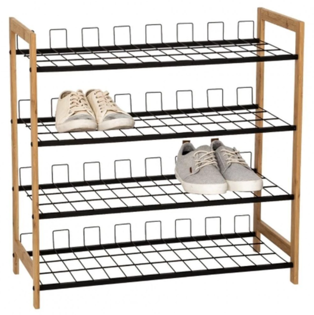 Shoe Rack, 4 Tier, Bamboo Sides and Black Wire Shelves