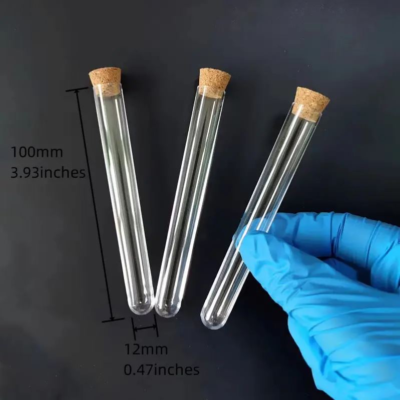 Hard Plastic Test Tubes With Cork Stopper, 100mm x 12mm