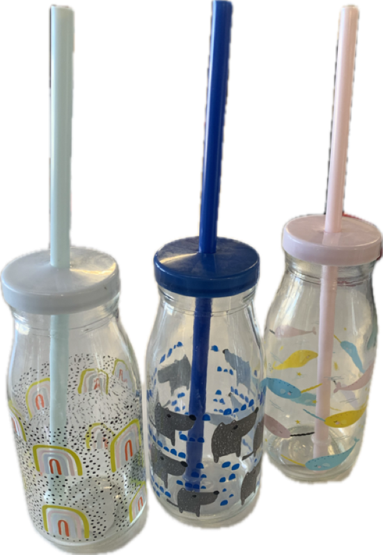 Kates Glass Bottle with Colour Lid & Straw in SRT 250ml