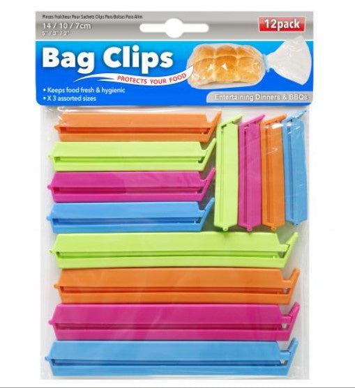 Bag Clips 12 Pack Mixed Colours 7/10/14cm