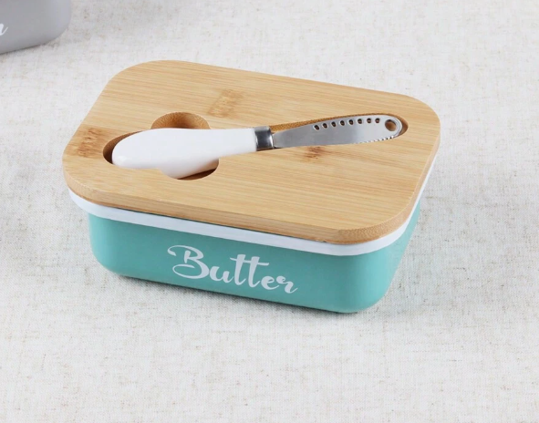 Butter Enamel Dish W Lid & Knife