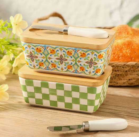 Hand Painted Butter Dish W Bamboo Top