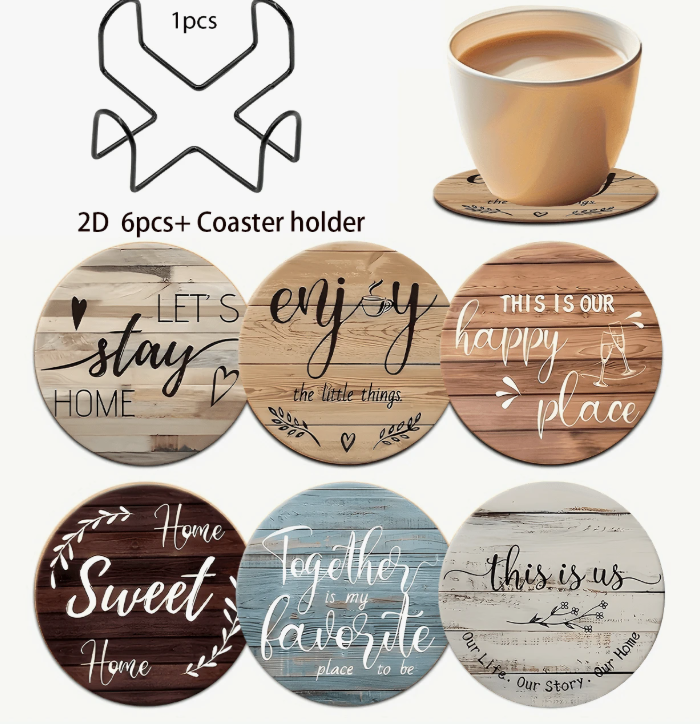 Farmhouse Coaster Set of 6 W Stand