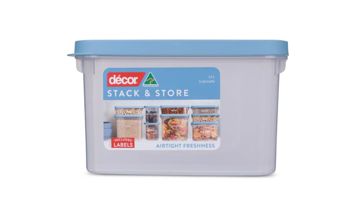 Décor® Stack & Store™ Pantry Container – Oblong 1.2L (Clear with Blue Lid)