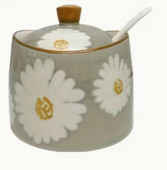 Grey Daisy Sugar Pot W Spoon