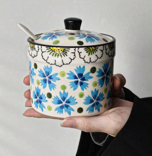 Floral Sugar Pot W Spoon