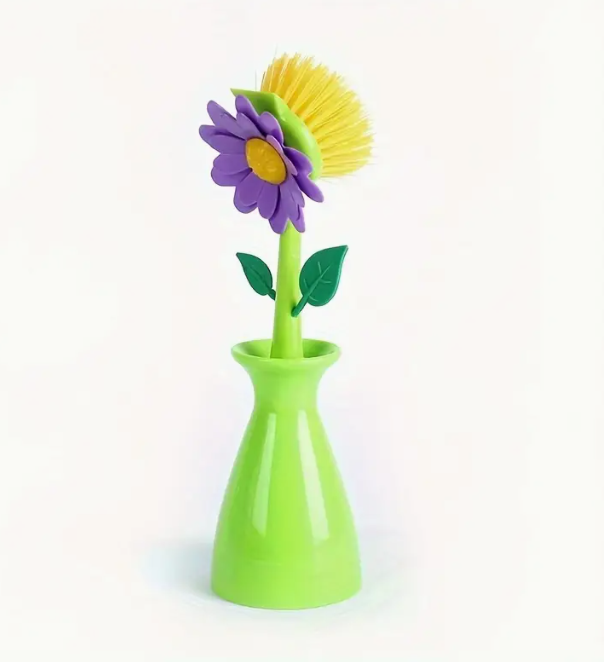 Dish Brush With Vase Lime W Purple Flower