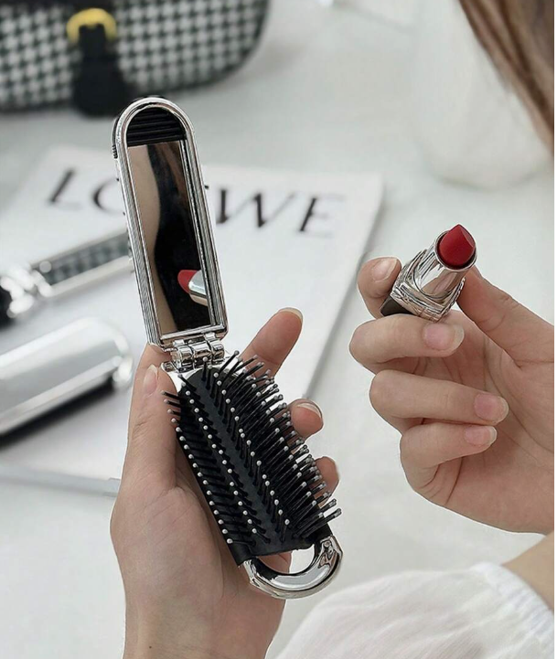 Folding Travel Hairbrush W Mirror