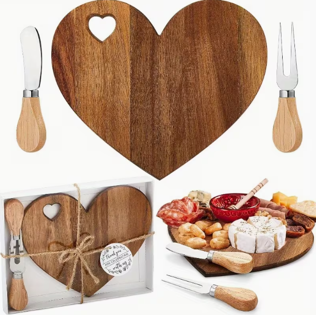 Acacia Wood Heart Cheese Board Set