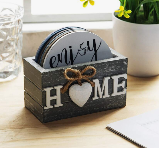 Wooden Coaster Set 'Home' Set of 6