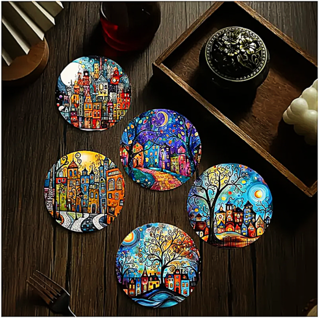 Abstract Art Coasters Houses N Trees