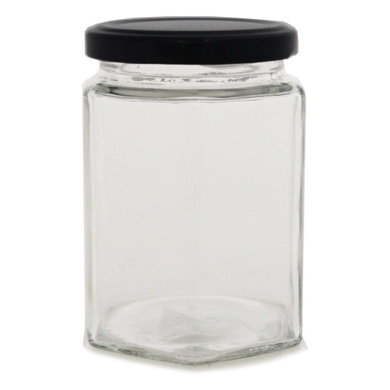 Hex Glass Jar 380ml W Black RSB Button Lid