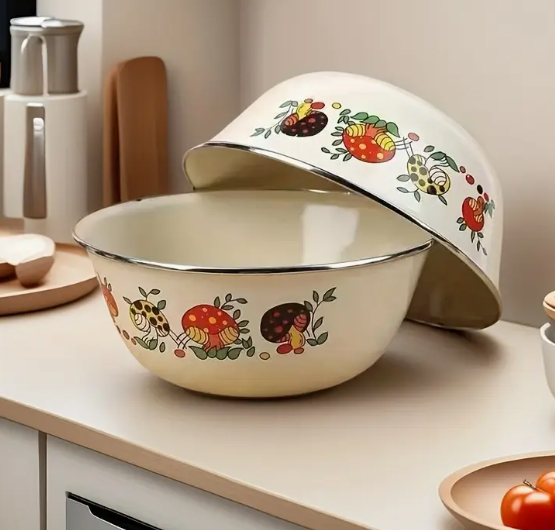 Enamel Bowl W Vintage Mushroom Pattern