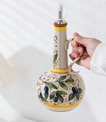 Olive Bottle Hand Painted W Oil Pourer