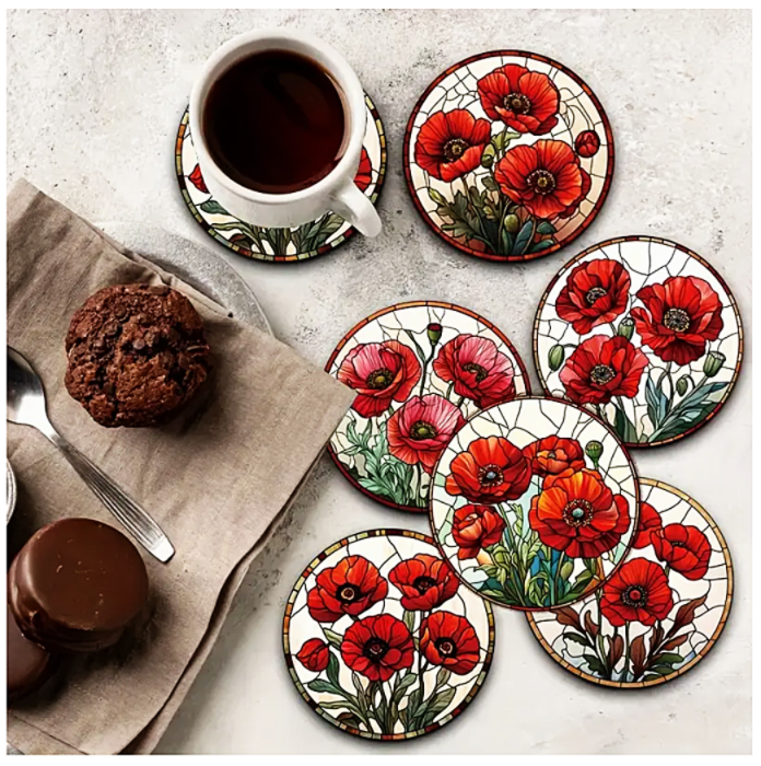 Poppy Coasters Wooden Set of 6