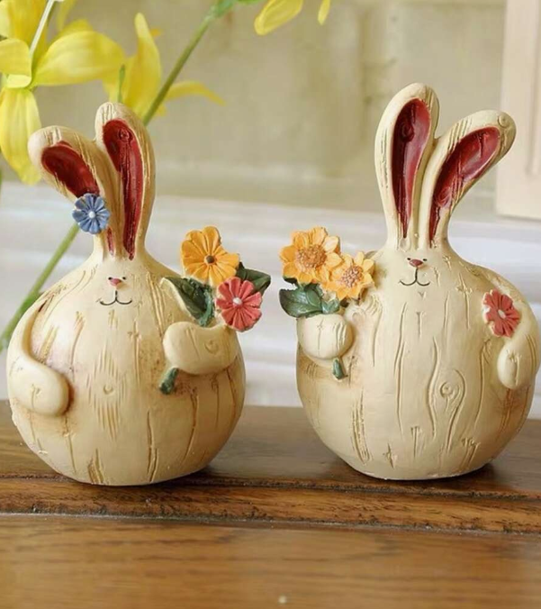 Resin Rabbit W Flower Figurine