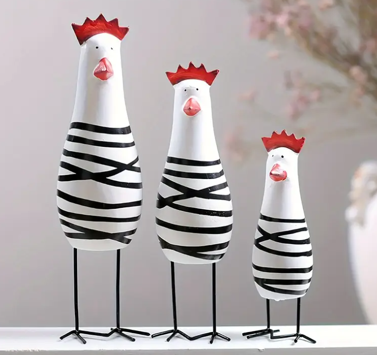 Wooden Rooster Statue Set of 3