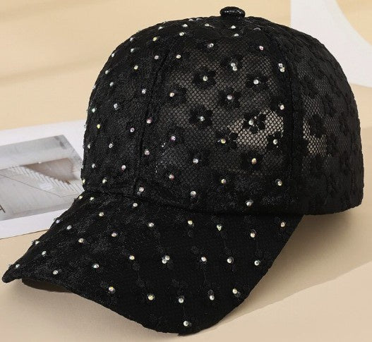 Lace Rhinestone Baseball Cap Black