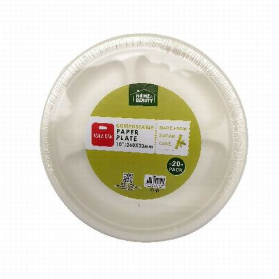 20pc 3-Compartment Sugarcane Plates 26cm