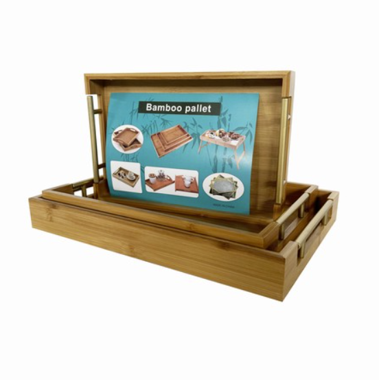 3pc Bamboo Tray Set W Gold Handles