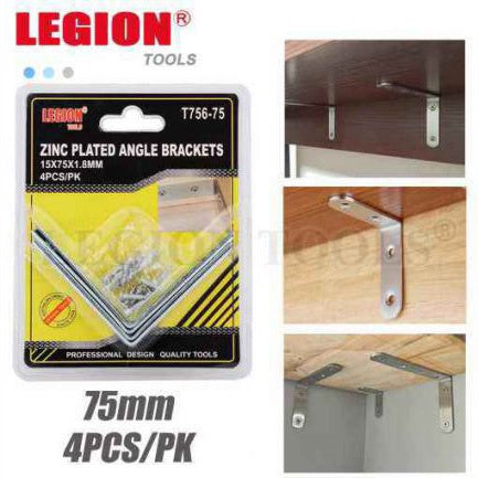Zinc Plated Angle Brackets 75mm 4pcs/Pk