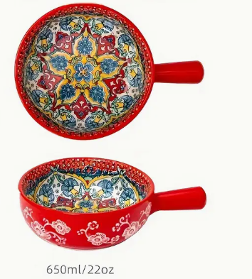 Hand Painted Salad Bowl W Handle Red