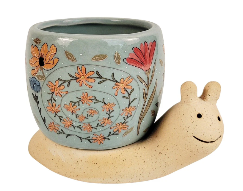 Snail with Flowers Planter Blue & Sand
