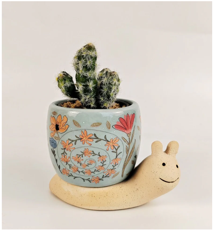 Snail with Flowers Planter Blue & Sand