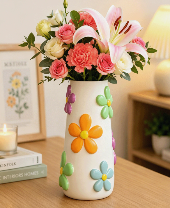 White Vase W Coloured Daisies