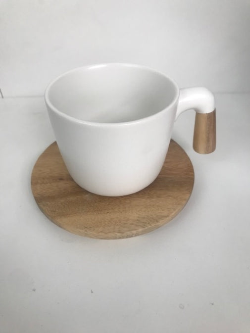 Ceramic Tea Cup W Wooden Handle & Wooden Coaster Set