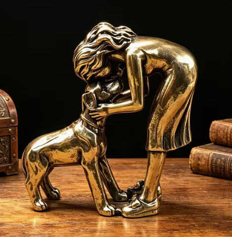 Woman & Dog Statue Brass