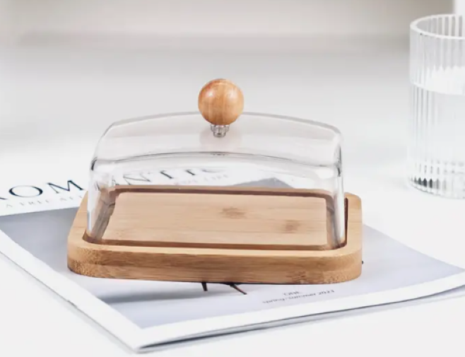 Butter Dish with Wooden Base & Handle