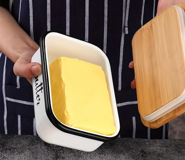 Butter Enamel Dish W Lid & Knife