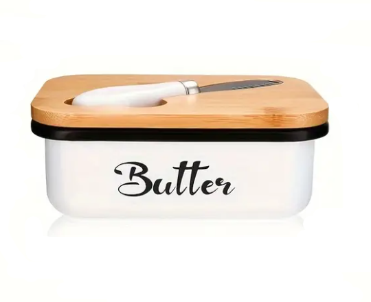 Butter Enamel Dish W Lid & Knife