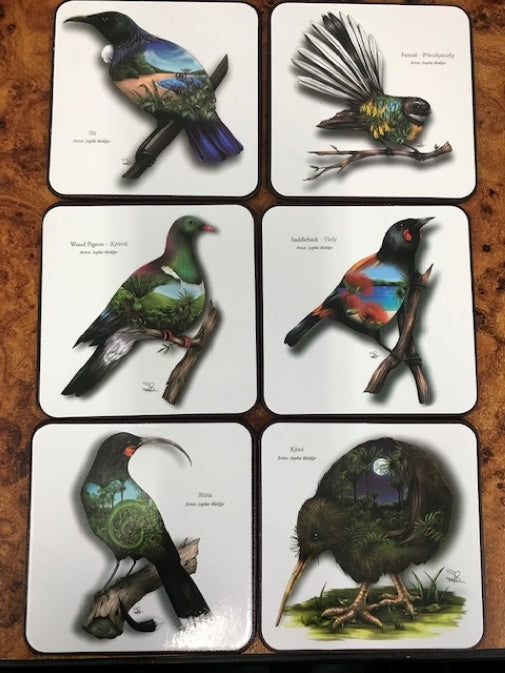 Coaster Set of 6 NZ Birds by Sophie Blokker