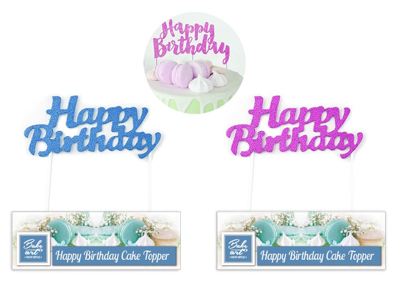 BakeArt Happy Birthday Cake Topper Blue and Pink mixed 14cm