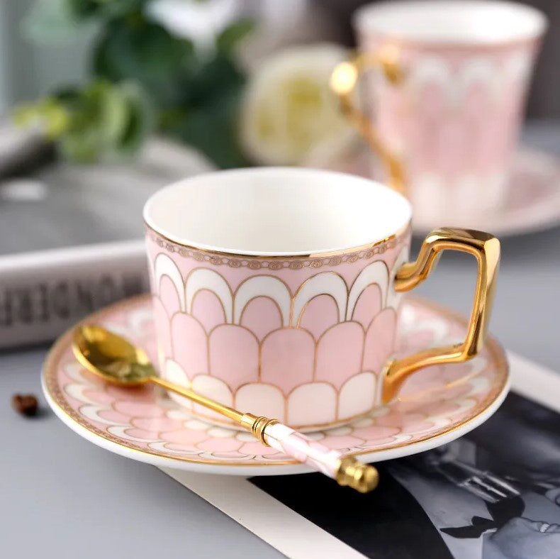 Pink Bone China Cup W Gold & Spoon Set