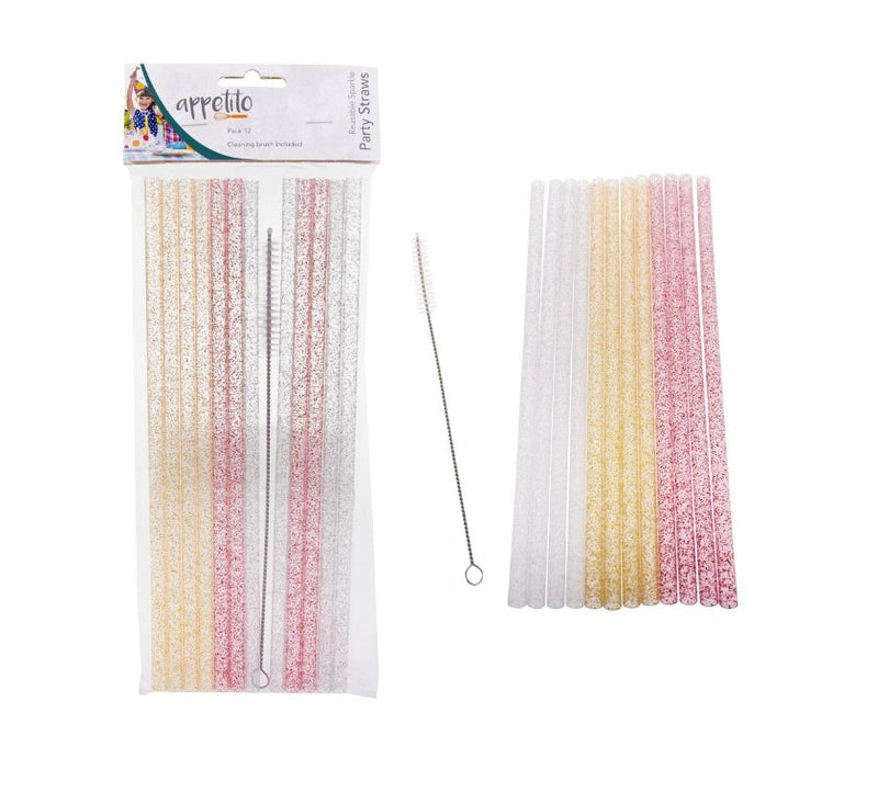 Reusable Sparkle Party Straws 25cm Pk12 W Brush