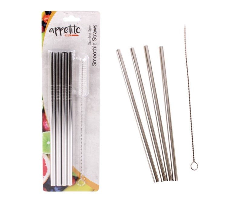 S/Steel Smoothie Straws Set 4 W Brush