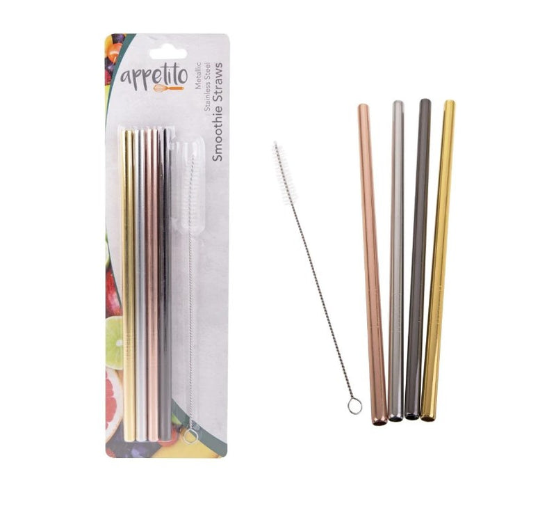 S/Steel Smoothie Straws Set 4 W Brush Metallic