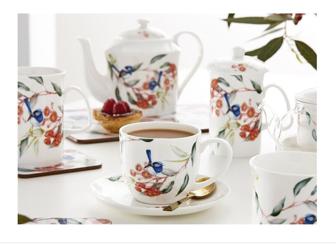 Blue Wren & Eucalyptus Teapot & 2 Teacup