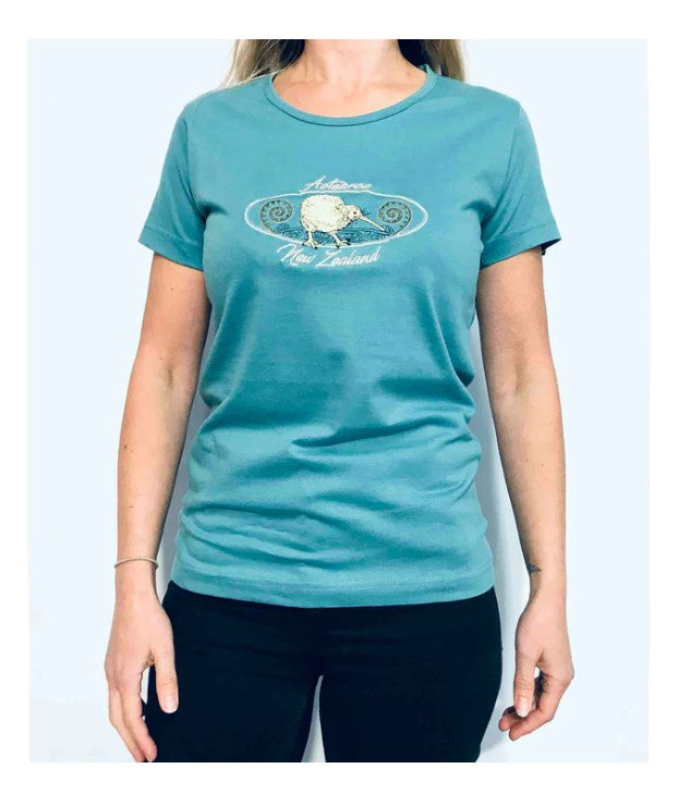 Womens T Shirt - Embroided Kiwi & Koru