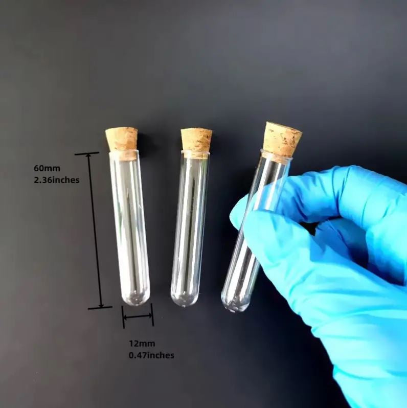 Hard Plastic Test Tubes With Cork Stopper, 60mm x 12mm