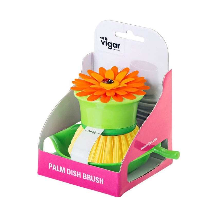 Flower Power Palm Dish Brush With Holder - Orange
