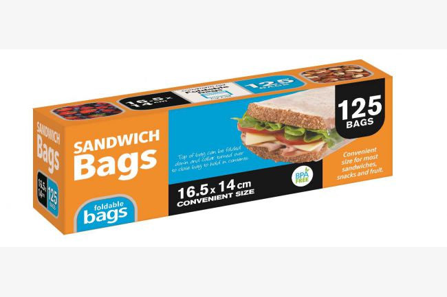 Sandwich Bags, Fold Over Top, 16.5x14cm, Pack of 125, BPA Free