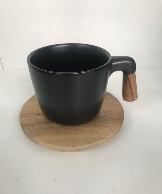 Ceramic Tea Cup W Wooden Handle & Wooden Coaster Set