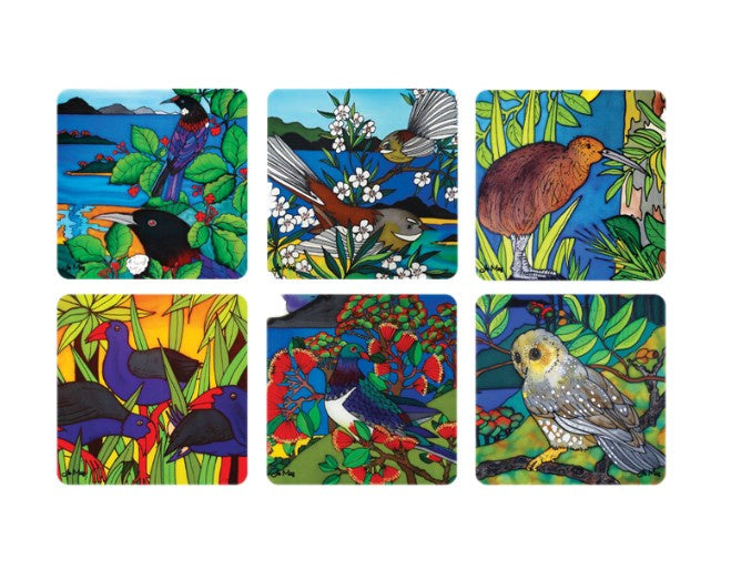 Jo May Square MDF Coaster Set of 6 Modern NZ Birds