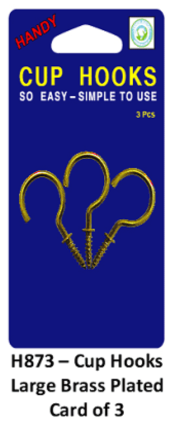 Cup Hook - Large Brass Plated Card of 3